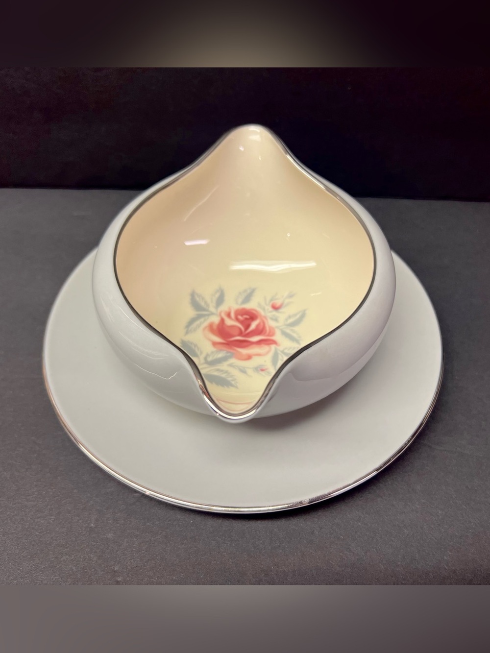 Flintridge Miramar Pink Rose Platinum Trim Gravy Boat w/ Attached Saucer
